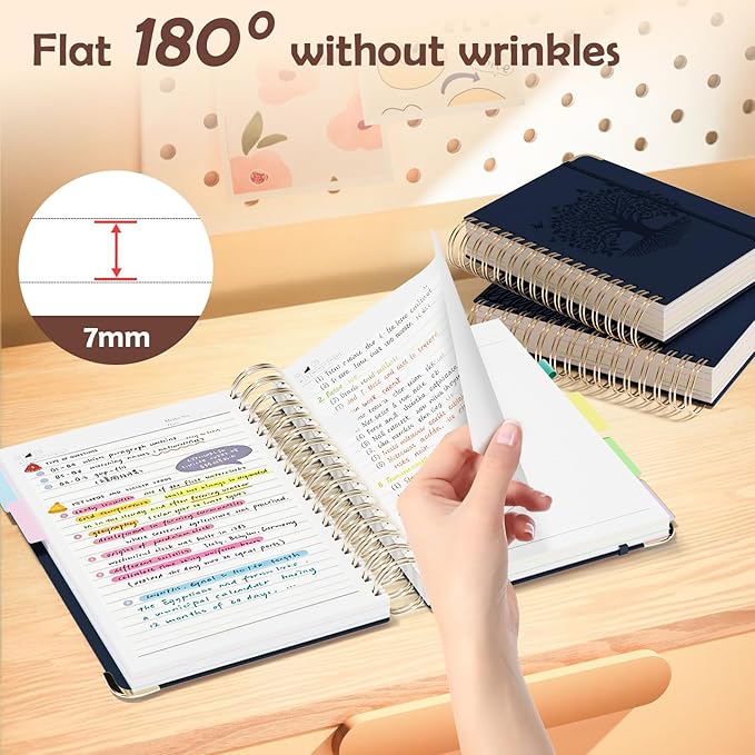 QIYVLOS Hardcover Spiral Notebook, A5 Journal with Removable Dividers Tabs, 5 Subject Notebook College Ruled, 320 Pages 6"x8" Leather Notebooks for Work School Study, Lined Journal for Women, Navy