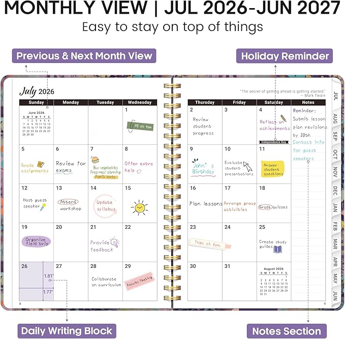 Academic Planner 2026-2027, Weekly and Monthly Calendar Book, July 2026 – June 2027, Hardcover Planner with Tabs, Perfect for Teachers, Students, Women & Men, A4 (8.5" x 11") - Lavendar Floral