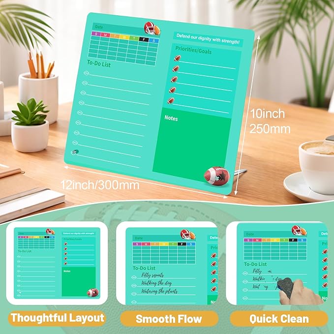 LeMotech Desktop Acrylic Dry Erase Board, 12x10 inches Weekly & to-Do List Planner, Tabletop Whiteboard with Stand, Office Supplies Includes 2 Markers & 1 Eraser, Green Football Pattern, 2 Pack