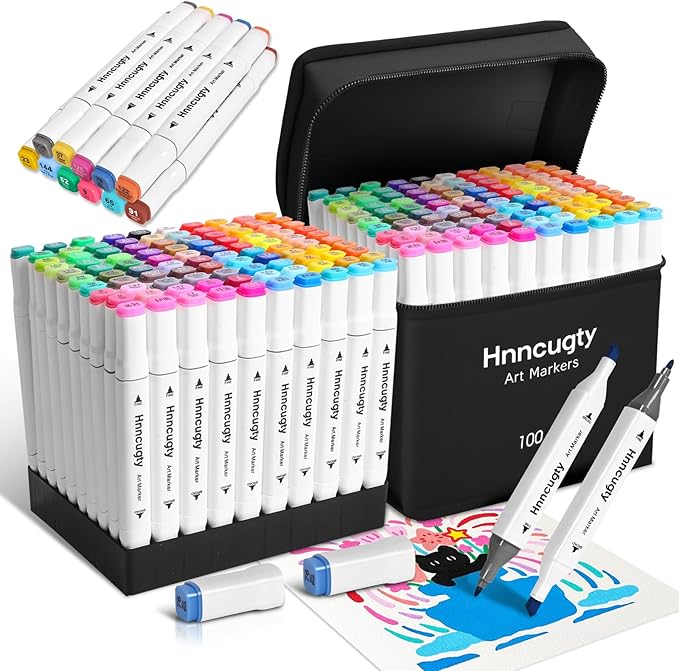 Hnncugty Alcohol Markers Set 100 Colors, Dual Tips Coloring Art Markers Set with Case & Holders, Chisel & Fine Artist Sketch Pens Art Supplies for Adult Coloring Books, Drawing, Painting, Sketching