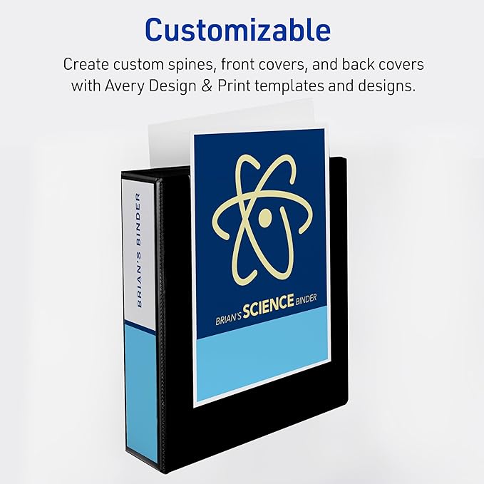 Avery Durable View 3 Ring Binder, 2 Inch Slant Rings, 530-Sheet Capacity, DuraHinge, 2.8 Inch Wide Spine, Customizable Clear Cover and Spine, 1 Black Binder (17031)