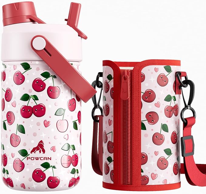 12 oz Kids Water Bottle for Girls: Leakproof, Durable Straw Spout Lid, 24H Cold, with Leather Sleeve, Easy Carry, Insulated Stainless Steel Cup for School, Travel, Camping, Daily (Giggly Cherry)