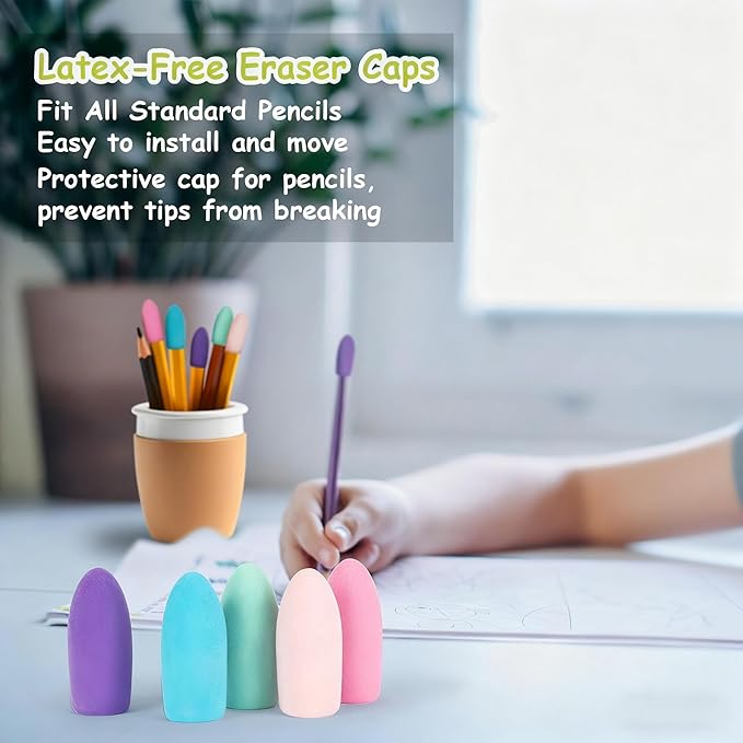 Sukh Cap Erasers for Pencils Pulk - Pencil Top Erasers 60 PCS Pencil Cap Toppers for Latex Free 5 Colors School Erasers Cap for Teachers Classroom Home and Office