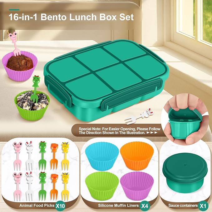 Amathley Lunch Box Kids Girls Boys,Bento Box Adult,Toddler Lunch Containers for School,Leakproof Snack Containers with 6 Compartments,Sauce Container,10 Food Picks and 4 Muffin Cups (Green)