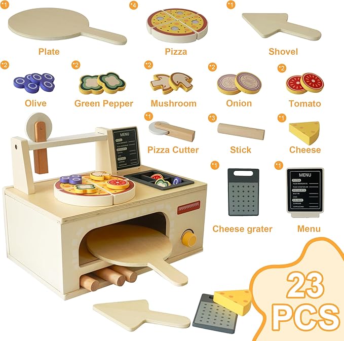 Wooden Pizza Toy Playset for Kids Ages 3–5, Montessori Pretend Play Food & Wooden Kitchen Playset with Easy Bake Oven, Slice & Serve Pizza Maker Toy, Educational Cooking Gift for Boys and Girls