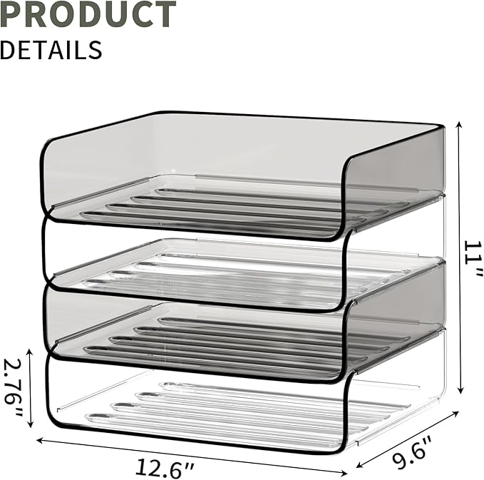 FANXIYQ 4-Tier Horizontal Acrylic Paper Tray Organizer | Clear Stackable Desk Organizer for Documents, Letters, A4 Paper | Modern Office/Classroom/Home Organization,Clear&Brown