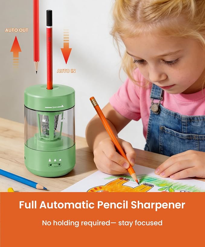 Electric Pencil Sharpener for Classroom, Fully Automatic, Green