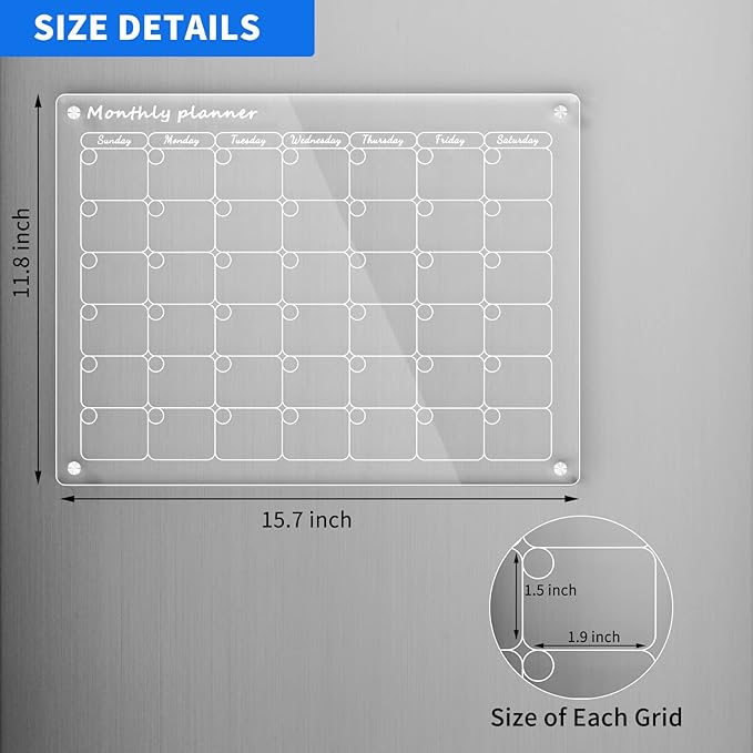 AITEE Acrylic Magnetic Dry Erase Board Calendar for Fridge, 16"x12" Inches Clear Monthly Planner for Refrigerator Includes 6 Dry Erase Markers with 3 Colors
