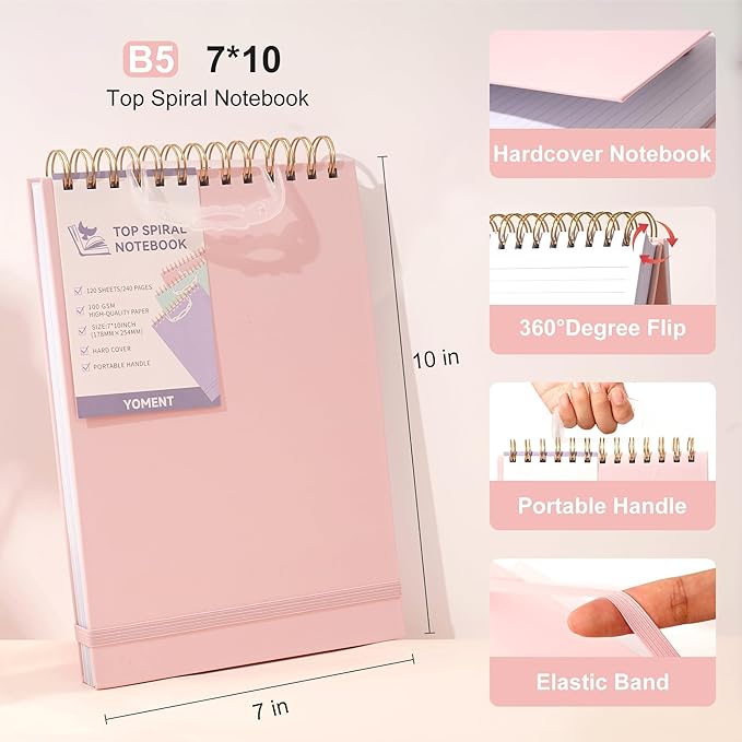 Yoment Top Spiral Notebook, Hardcover Steno Pads, 240 Pages Top Bound Spiral Notebooks, 7"x10" College Ruled Spiral Notepad Left-Handed Notebooks for Work School Office Business,Pink