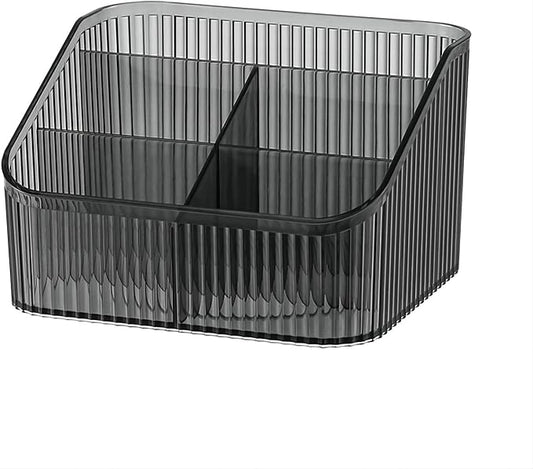 DASITON Large Capacity Makeup Brush Holder,5 Slot Makeup Brush Cup,Vintage striped Make Up Brush Holder,for Vanity Decor,Bathroom Countertops,Desk Storage Container,Cosmetic Display cases(Black-L)