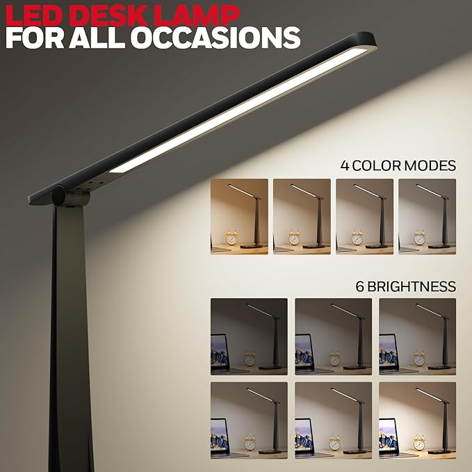 Honeywell LED Desk Lamp for Home Office, Eye-Caring Dimmable Reading Light with 4 Color Modes, Touch Control, USB-A & USB-C Charging Ports, Adjustable Head, Timer for Bedroom & Small Desks