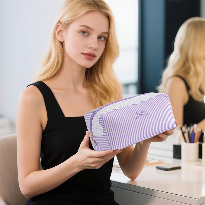 Makeup Bag Travel Toiletry Bag for Women, Small Cosmetic Bags with Lace Trim Cute Purple Stripe Aesthetic Organizer Makeup Pouch for Purse Emergency Bag Pencil Case Accessory Bag