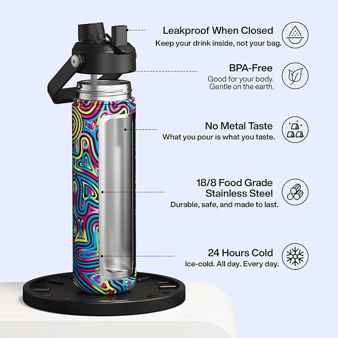 ENCOOL Insulated Water Bottle with Straw Stainless Steel Water Bottle, Leak-Proof, BPA-Free, Double Wall Vacuum Keeps Cold for 24 Hours for Sports, Travel, School (26 oz, Heart Swirl Black)