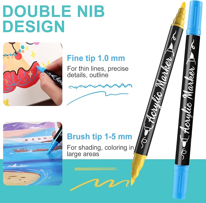 TOSHARE 12 Colors Acrylic Paint Markers, Brush & Fine Dual Tip Acrylic Paint Pens for Rock, Wood, Paper, Fabric, Canvas, Glass, Ceramic, Egg, Scrapbook and DIY Crafts Supplies Art Gifts