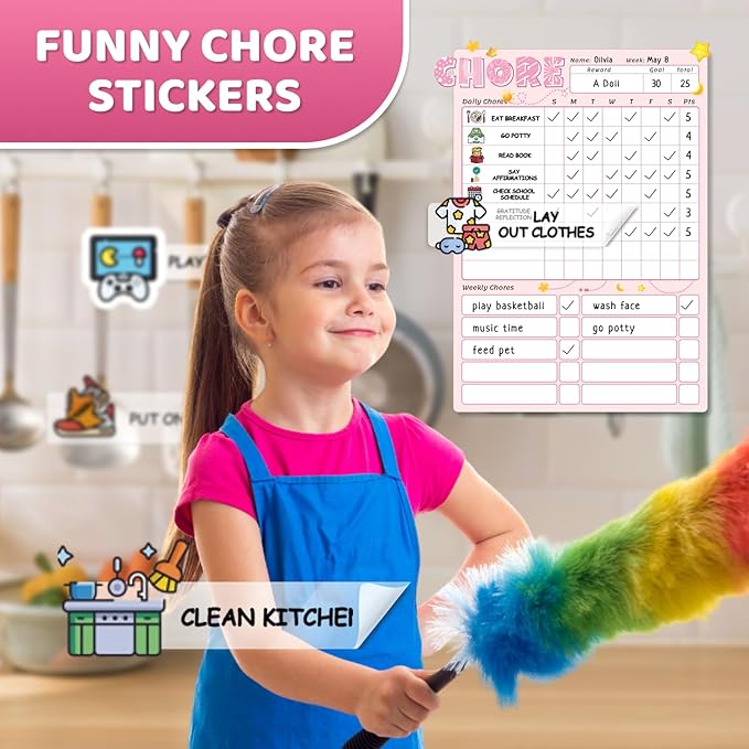 Magnetic Kids Chore Chart for 2 Kids Blue & Pink, Dry Erase Routine Chart for Kid Toddlers Teens Adult with Marker & Chore Stickers, Behavior Responsibility Chart for Kid at Home