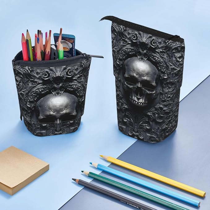 Skull Kids Standing Pencil Case Girls Boys Telescopic Stationary Pouch with Zipper Large Capacity Stand up Pen Bag Portable Makeup Holder for Children School Students Office Supplies