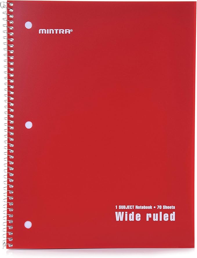 Mintra Office Spiral Notebooks Set - Primary Colors, Wide Ruled, Poly Waterproof Covers, Journals for School, Work, Business, Writing Pads, Teacher & Student Supplies, 70 Sheets Each, 6-Pack