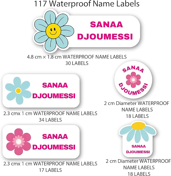 Personalized Kids Name Labels – Waterproof Custom Stickers for Daycare & School, 117 Pack, Dishwasher & Laundry Safe (Flower)