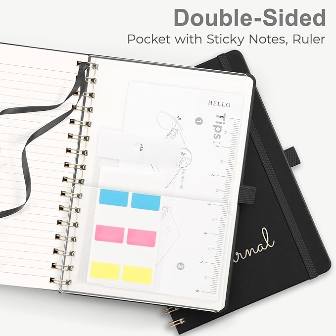 EMSHOI A5 College Ruled Spiral Notebook, 140 Numbered Pages, 100GSM Ink-Proof Faux Leather Hardcover Lay-Flat Lined Journal for Work Office School Writing, Small 5.7"x8.22", Black
