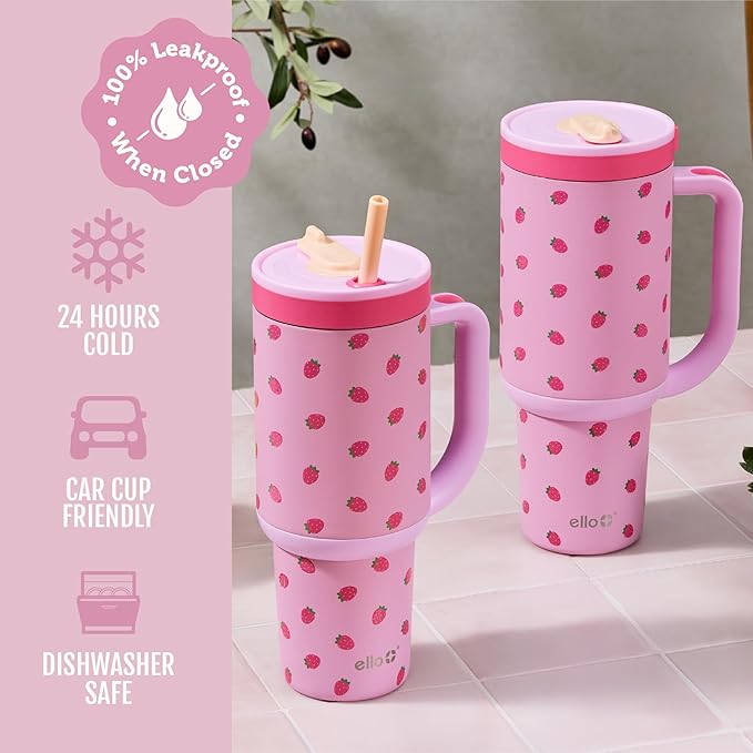 Ello Oasis 30oz Tumbler with Handle & Retracting Straw | Reusable Insulated Stainless Steel Cup 100% Leakproof | Gifts for Teens Women | Keeps Cold for 23 Hours | Cup Holder Friendly | Strawberries