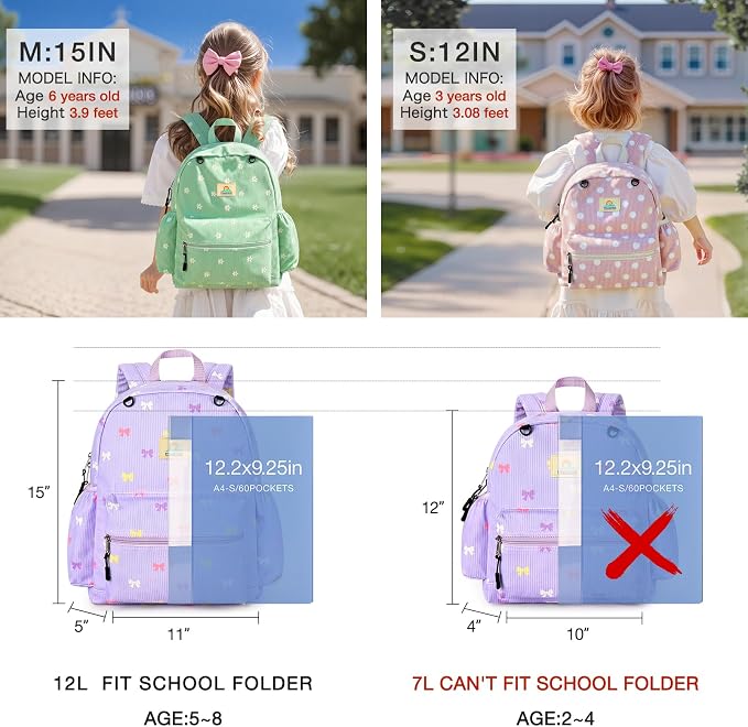 STEAMEDBUN Corduroy Toddler Backpack for Girls 2-4: Kids backpack for Girls - 12 inch Preschool Kindergarten Backpacks - Purple Bow