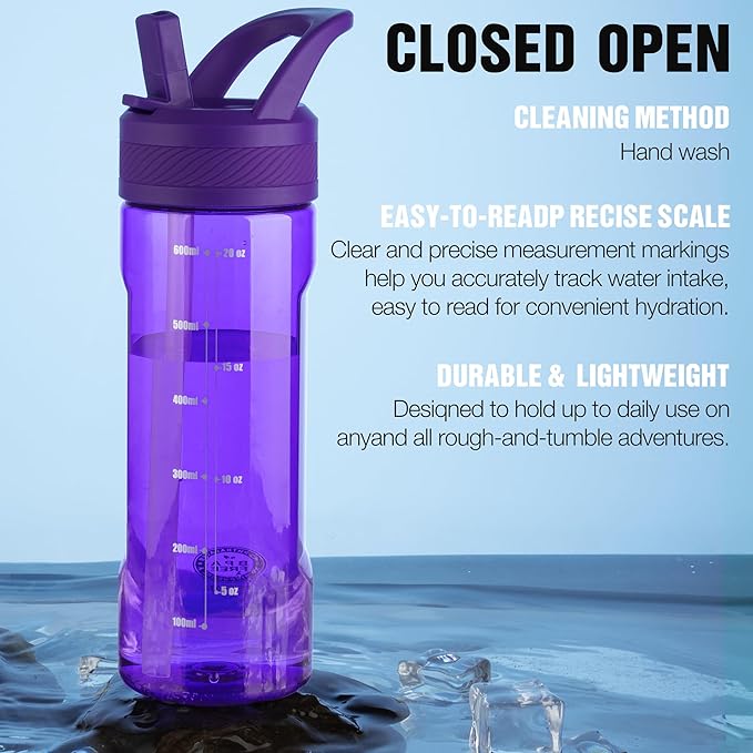 OLDLEY 20oz Kids Water Bottle with Straw, BPA-Free Tritan Water Bottle for School, Leakproof Clear Water Bottle with One Click Open, Measurement Scale, Cup Holder Friendly for Boys Girls,Deep Purple