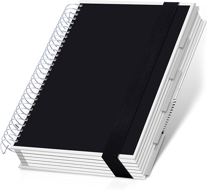 Yoment 5 Subject Notebook College Ruled, 300 Pages Spiral Notebook with Removable Divider Tabs，Hardcover 8 x 10 Inches College Ruled Journal 1 Inner Pocket for School College Work Office Home,Black