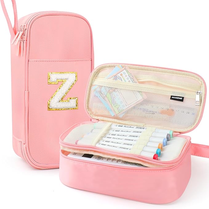 Extra Large Pencil Case,Big Capacity Pencil Pouch,Personalized Initial Pencil Bag with smooth zipper,Multiple Pockets,Cute Aesthetic Stationery Pen Case Bag for Teen Girls College (Pink, Z)