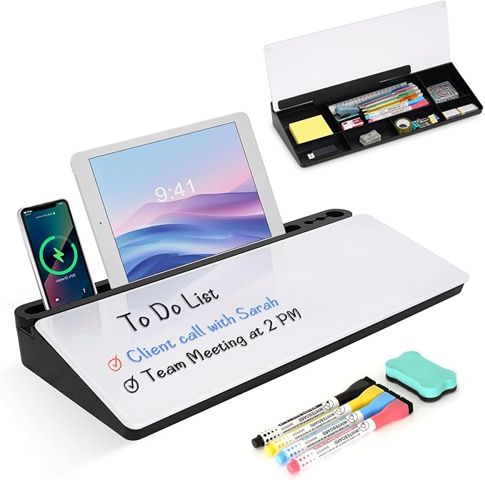 Desktop Glass Whiteboard with Storage, Desk White Board with Computer Keyboard Stand, White Dry Erase Board with Drawers for Home, School, Office Desk Organizers and Accessories