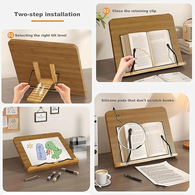 Wood Book Stand for Reading Hands Free, 8 Adjustable Recipe Cookbook Holder with Page Holder Clips Ergonomic Stand for Cookbooks, Receipe Books, Textbooks, Tablets, Music Books, Documents.