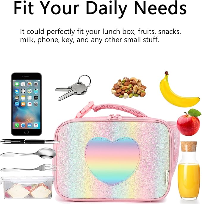 GYEUKHAM Insulated Lunch Box for School, Thermal Reusable Durable Freezable Lunch Bags for Kids Boys Girls Men Women - Small Soft Cooler Portable Lunch Tote Kit for Work Picnic Travel,Rainbow Glitter