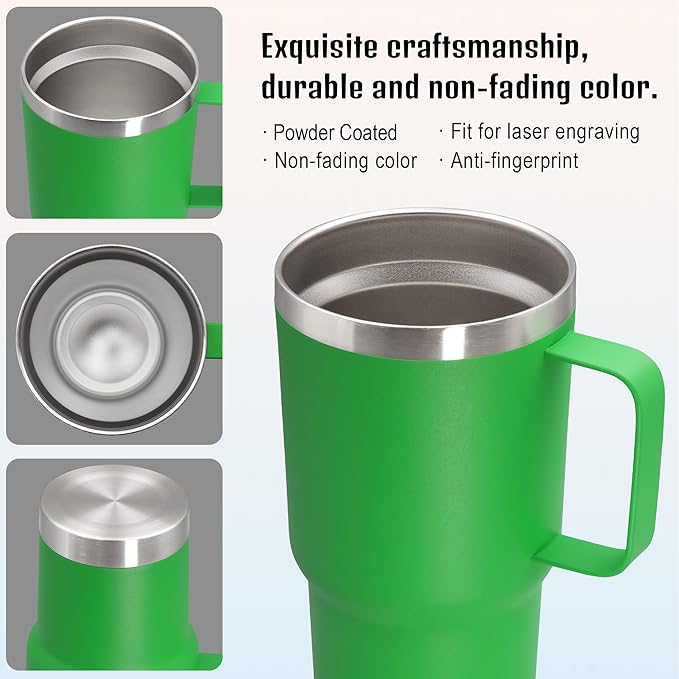 20 oz Tumbler with Handle and Lid, Stainless Steel Tumbler Insulated Travel Coffee Mug, Spill Proof Double Wall Vacuum Tumbler Cup Keep Drink Hot & Cold, Green, 12 Pack