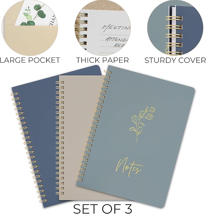 ZICOTO Aesthetic Spiral Notebook Set of 3 For Women - Cute College Ruled 8x6 Journal/Notebook with Large Pockets And Lined Pages - Perfect Supplies to Stay Organized at Work or School