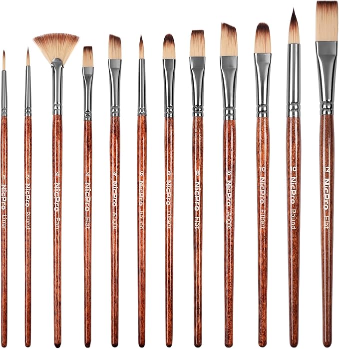 Nicpro 12pcs Paint Brush Set, Craft Paint Brushes for Acrylic Painting, Oil, Watercolor, Gouache, Painting Brushes Kit with Flat Fan Round Angle Filbert, Art Supplies for Artists and Beginners
