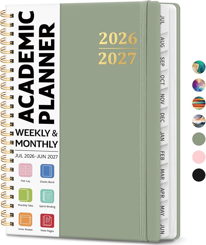 Academic Planner 2026-2027, Weekly and Monthly Calendar Planner Book, July 2026 – June 2027, Hardcover Organizer with Tabs, Perfect for Teachers, Students, Women & Men, A5 (6.4" x 8.5") - Green