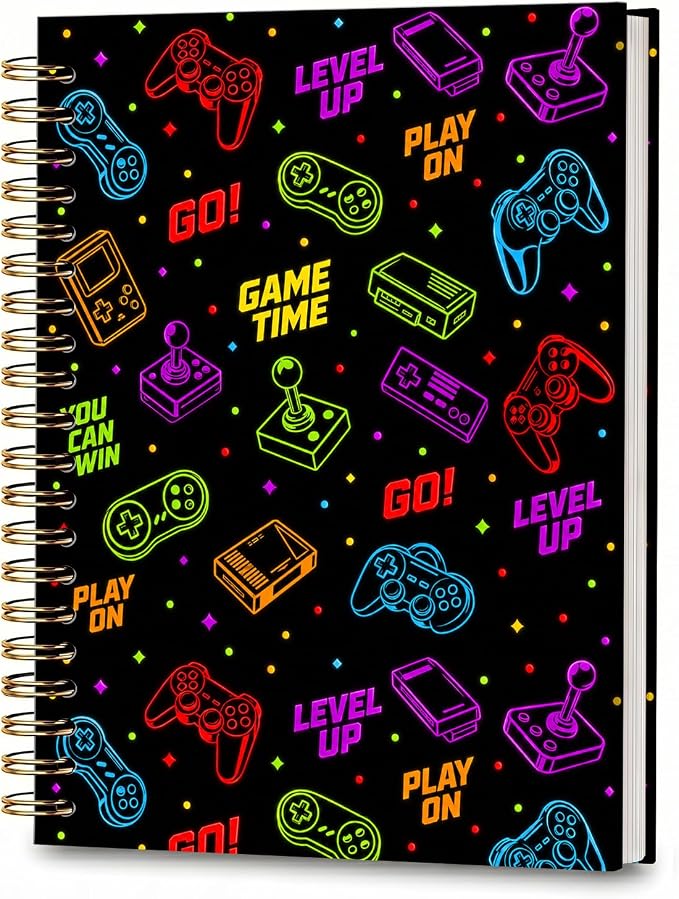 ATJFKIXL Cute Spiral Journal Notebook, A5 120 Page College Ruled Wirebound Notebook, Soft Cover for Students Office Notes and Planning - Black Gamer Icons
