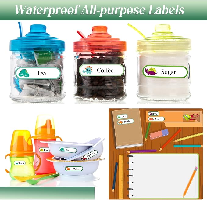 Waterproof Name Labels for Kids Daycare 320 Pcs, Dinosaur | Self Adhesive Baby Water Bottle Stickers for School Supplies, Self Laminating, School Name Stickers for Lunch Boxes