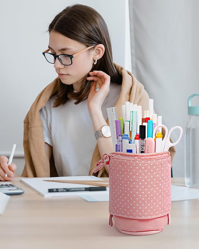 Sooez Standing Pencil Case, Cute Stand up Pencil Pouch, Telescopic Pen Pouch, Portable Pencil Holder, Kawaii Stand up Pencil Case, Spacious Pencil Pouch Bag for School Office Supplies, Pink