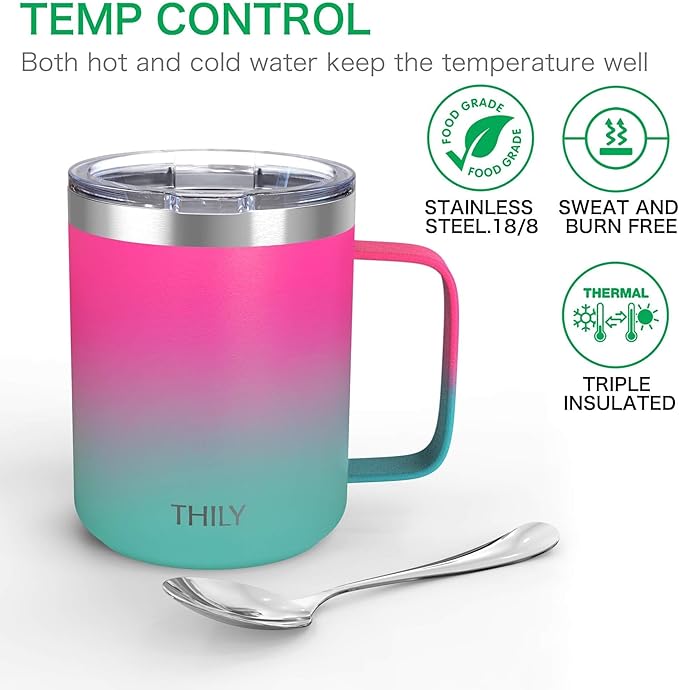 THILY Stainless Steel Insulated Travel Mug 12 oz Vacuum Insulated Coffee Cup with Handle, Spill-proof Lid, Keep Coffee Cold or Hot Hours, Pink & Green