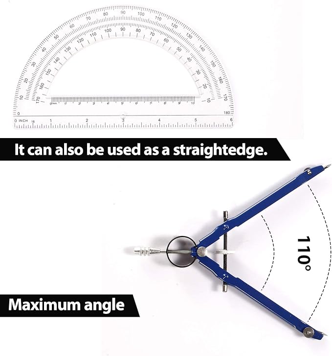 Professional Precision Compass Set, Metal Spring Bow Compass with Protractor, Lock, Pencil Leads & Screw Replacements, for Geometry, Math, Drafting, Drawing & Measuring, School & Office Supplies