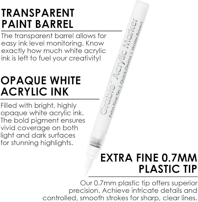 Grabie 6 White Acrylic Paint Markers, 0.7mm Extra Fine Tip Acrylic Paint Pens for Drawing, Coloring Books for Adults
