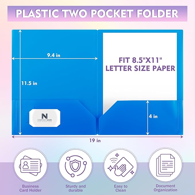 pmybupo 6 Pack Plastic Folders with Pockets,6 Colors Durable Heavy Duty File Folders with Business Card Holder,2 Pockets for Letter Size Paper for Office High School