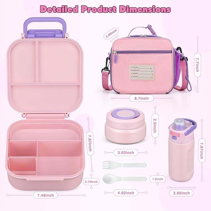 Bento Lunch Box for Kids with 7oz Soup Thermo,Insulated Stainless Steel Kids Water Bottle with Straw and Insulated Lunch Bag,Leak-Proof Lunch Food Container with Ice Pack for School (Pink)