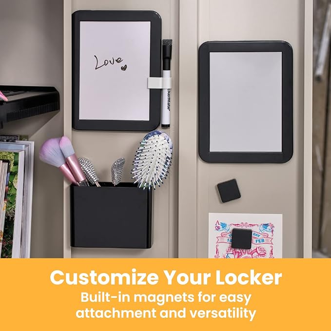 LockerMate 6-Piece Locker Organizer Kit, Includes Mirror, Whiteboard, Storage Cup & Dry Erase Marker, Black