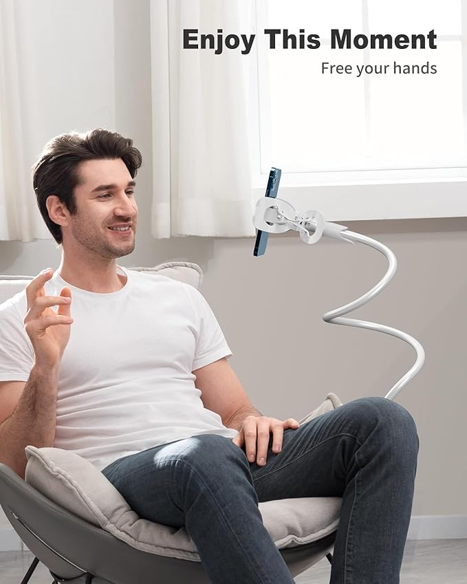 SAIJI Gooseneck Cell Phone Holder, Clamp Universal Lazy Mount Clip Hands Free Flexible Long Arm Bracket Grip for 4-7 Phones Mobile Stand Baby Monitor for Desk, Bed, Office, Kitchen (White)
