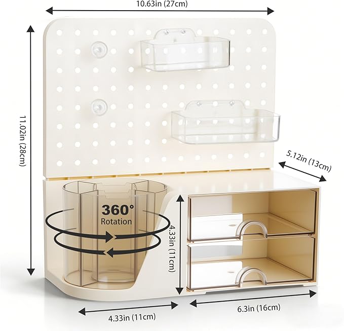 Comix Desk Organizer with Drawer, 360° Rotating Pen Holder for Desk, Pen Organizer with 5 Slots Pencil Holder+Pegboard+2 Drawer for Office Home Art Supplies (Beige)