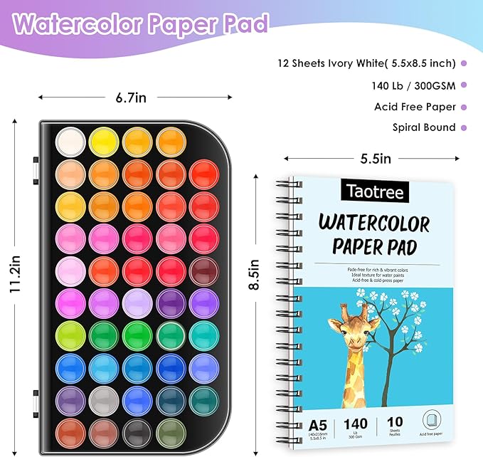 Taotree Watercolor Paint Set, Watercolor Workbook, Water Coloring Book, 48 Colors Watercolors Kit Water Colors with 10 Paint Brushes, Palette, Brush, Drawing Pad, Painting Supplies for Adults Artist