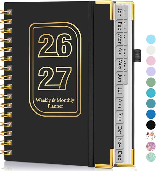 Planner 2026-2027, 18 Months Weekly and Monthly Hardcover Planner, January 2026 - June 2027, 5.75" x 8.38" A5 Daily Calendar Planner Book with Tabs, Spiral Yearly Agenda Organizer Notebook for School Work Home, Black