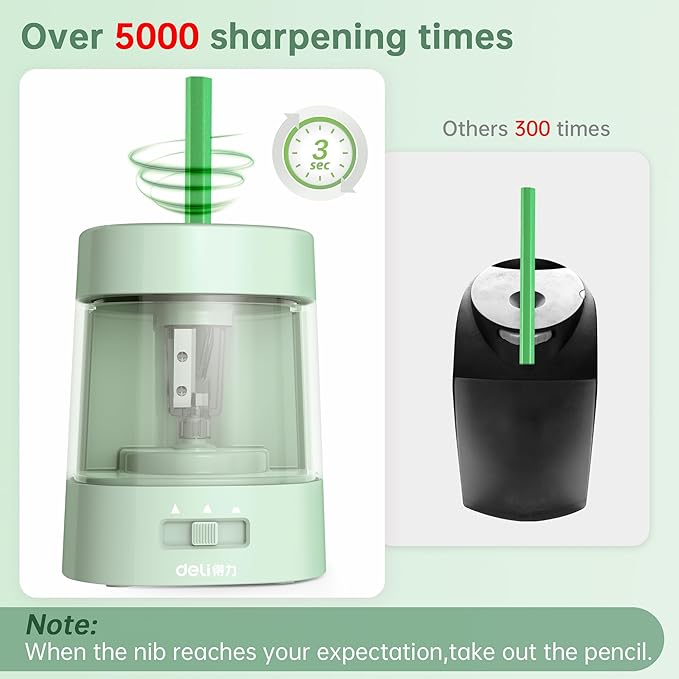 Deli Electric Pencil Sharpener, Automatic Pencil Sharpeners for No.2 Pencils Colored Pencils, USB & Battery Operated Pencil Sharpener for School, Home, Office, Classroom, Green