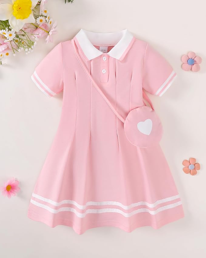 Renotemy Infant Baby Girl Dress Toddler Girls Summer Clothes School Outfits Cotton Short Sleeve Polo Dresses with Bag 12M-5T